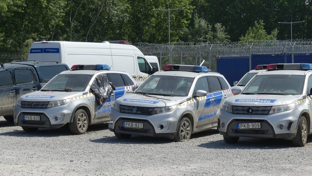 Vehicles of the Hungarian Police damaged in attacks by human smugglers on the Hungarian-Serbian Border in May 2023.