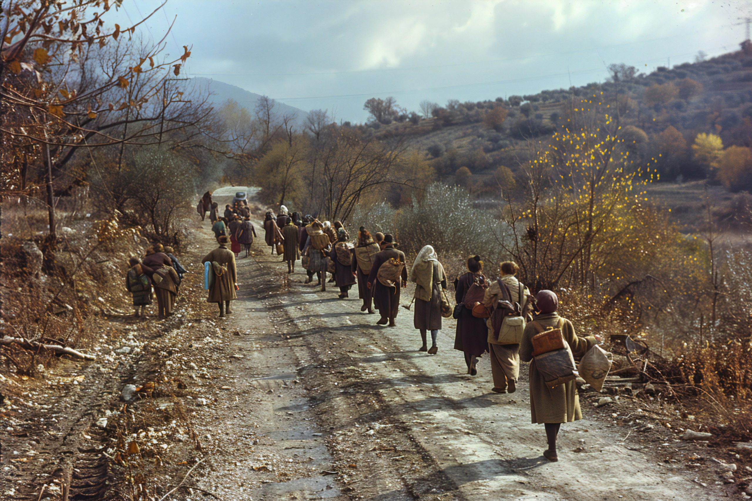 a group of people walking down a road
