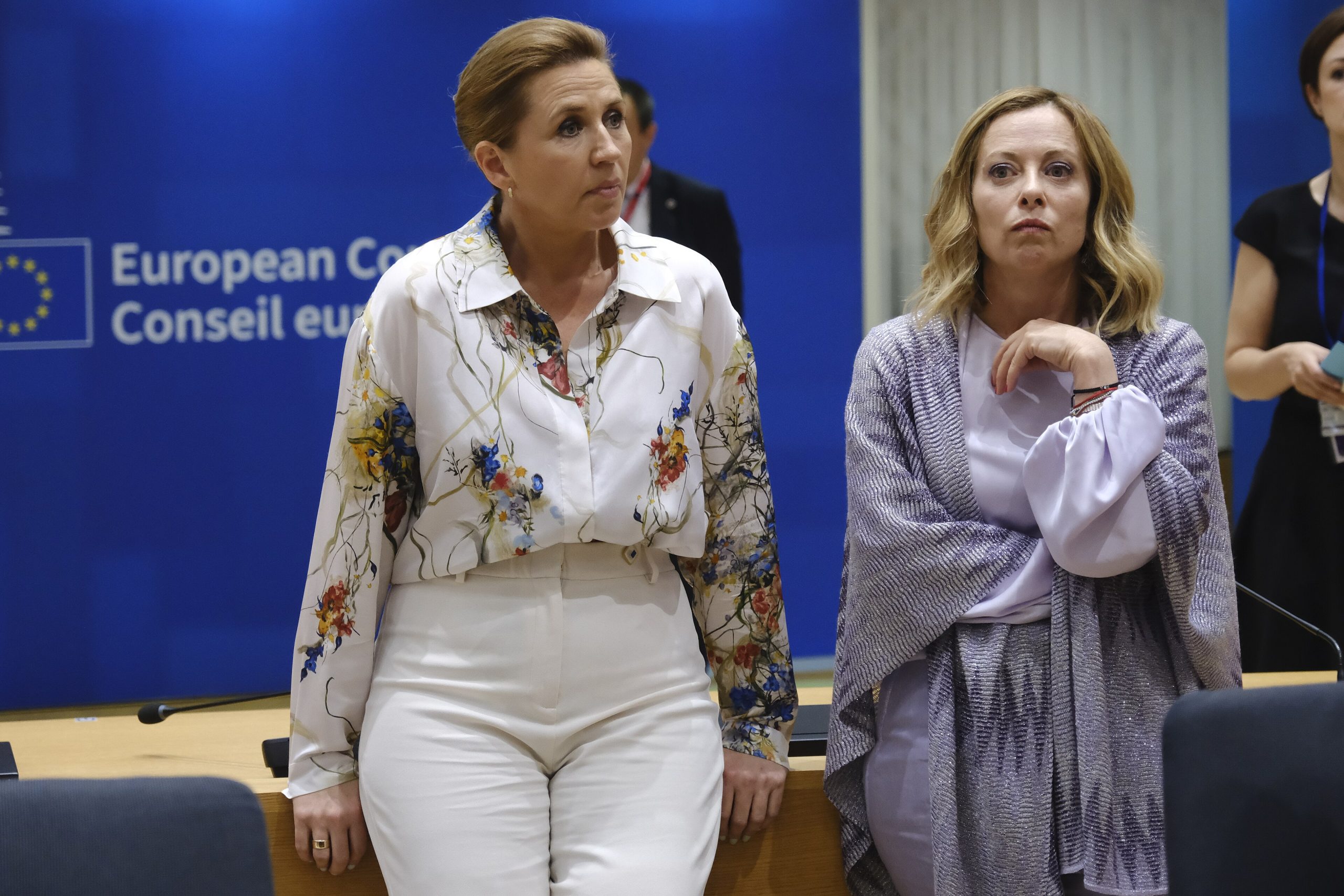 Mette FREDERIKSEN (Prime Minister, Denmark) and Giorgia MELONI (Prime Minister, Italy) in the European Council, June 2024. Attribution: © European Union, 1998 – 2026.