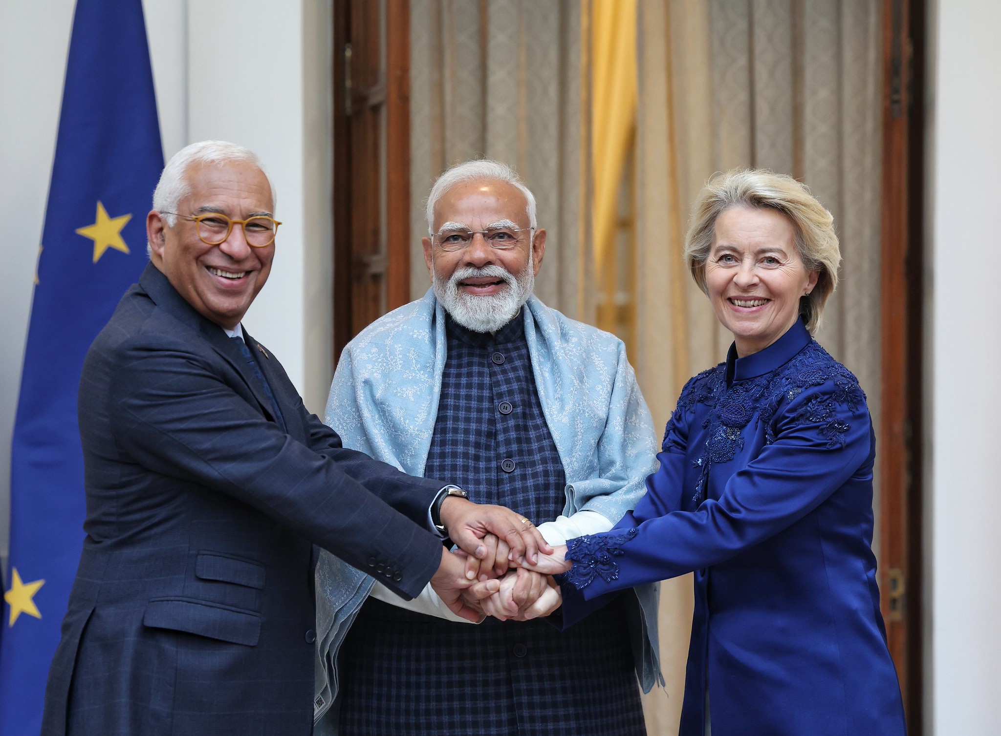 Prime Minister Shri Narendra Modi met President of the European Council, H.E. Mr. Antonio Costa & President of the European Commission, H.E. Ms. Ursula von der Leyen at Hyderabad House. Photo: MEAphotogallery / Flickr, CC BY-NC-ND 4.0