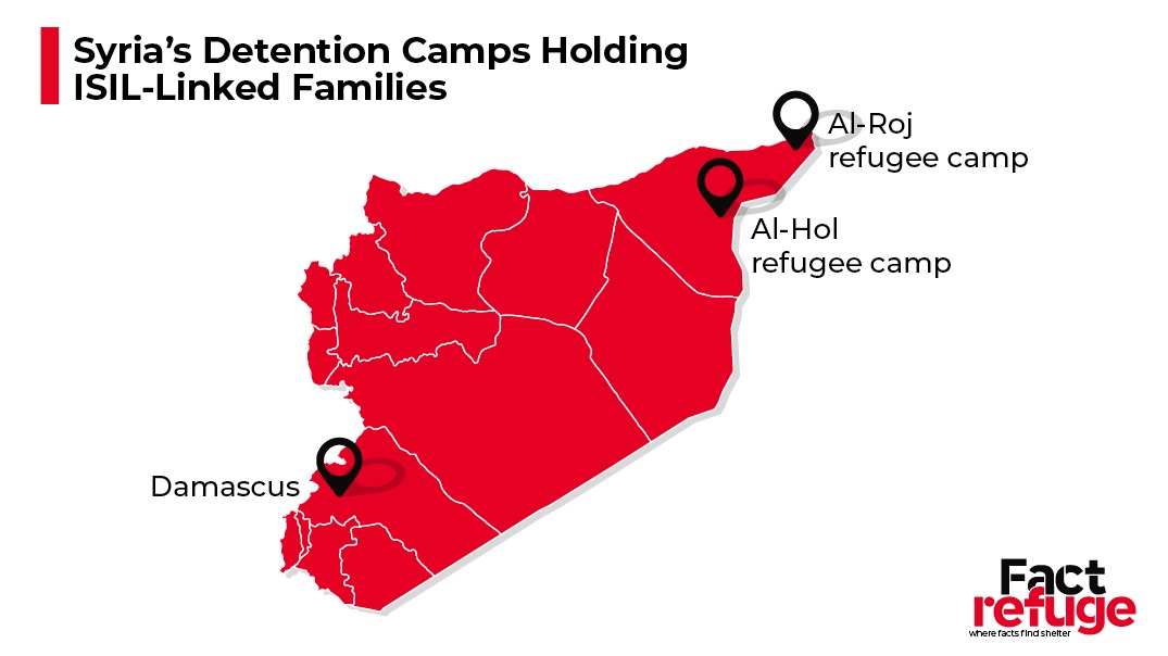 Map of Syrian camps detaining ISIS-linked militants' families. Graphic by FactRefuge.