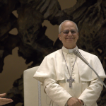 Pope Leo XIV during an audience with the media (May 12, 2025) (Photo by Edgar Beltrán / The Pillar / Wikimedia Commons)