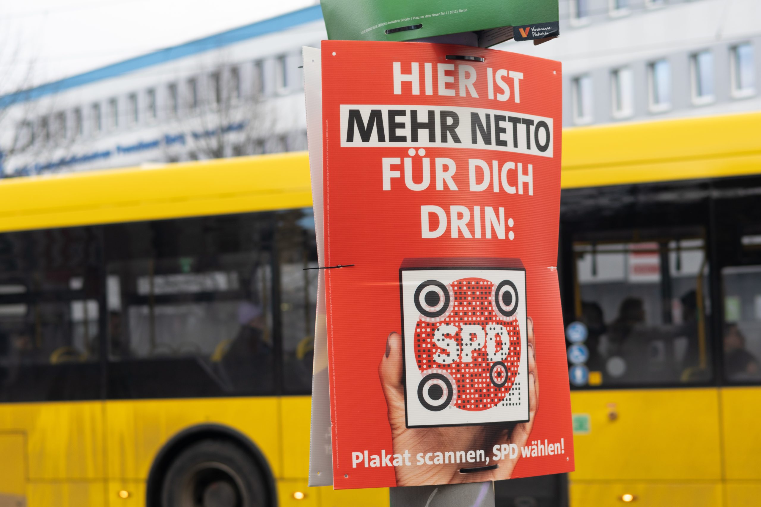 Election campaign poster of the German political party SPD Social Democratic Party for the 2025 federal election, Berlin, Germany, 13 january 2025. The slogan reads: "There's more net in it for you here." Photo source: Adobe Stock.