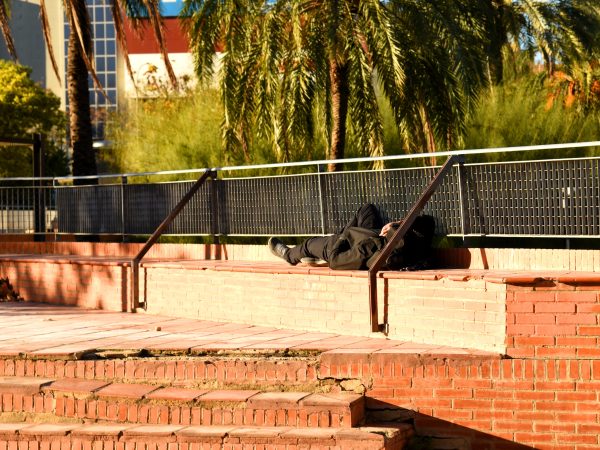Migrants asleep on a bench in Valencia Park, Spain. Photo source: Maksim Safaniuk / Shuterstock.